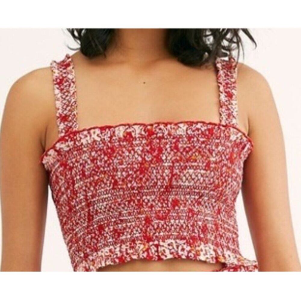 Free People Red Printed Smocked Cropped Tank Top